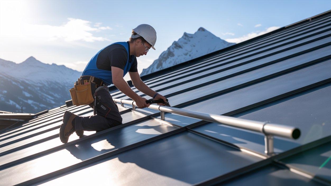 Procesul de montare a parazăpezilor pe acoperiș (imagine cu un profesionist care monteaza sistemul de parazapezi intr-o zona de munte)