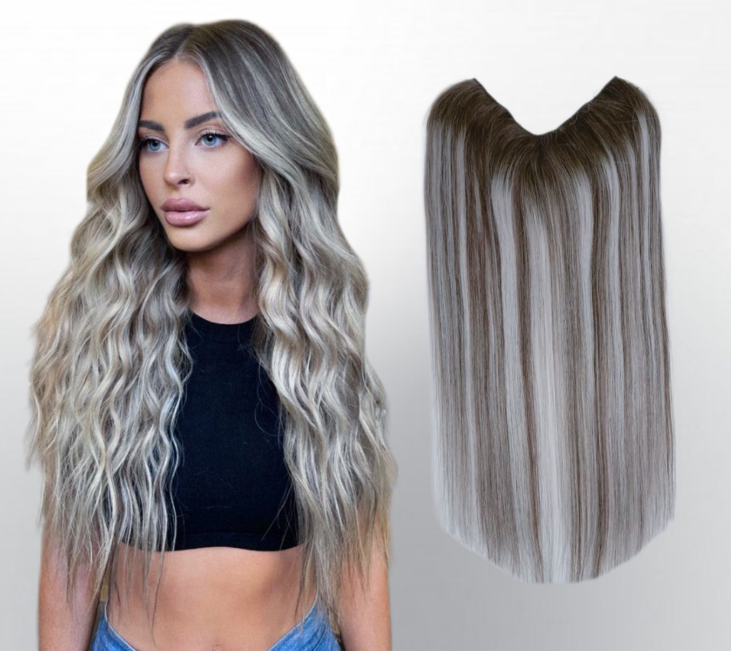 Trese de Par Natural V-Shape Balayage #9/Light Grey - Extensii de par București