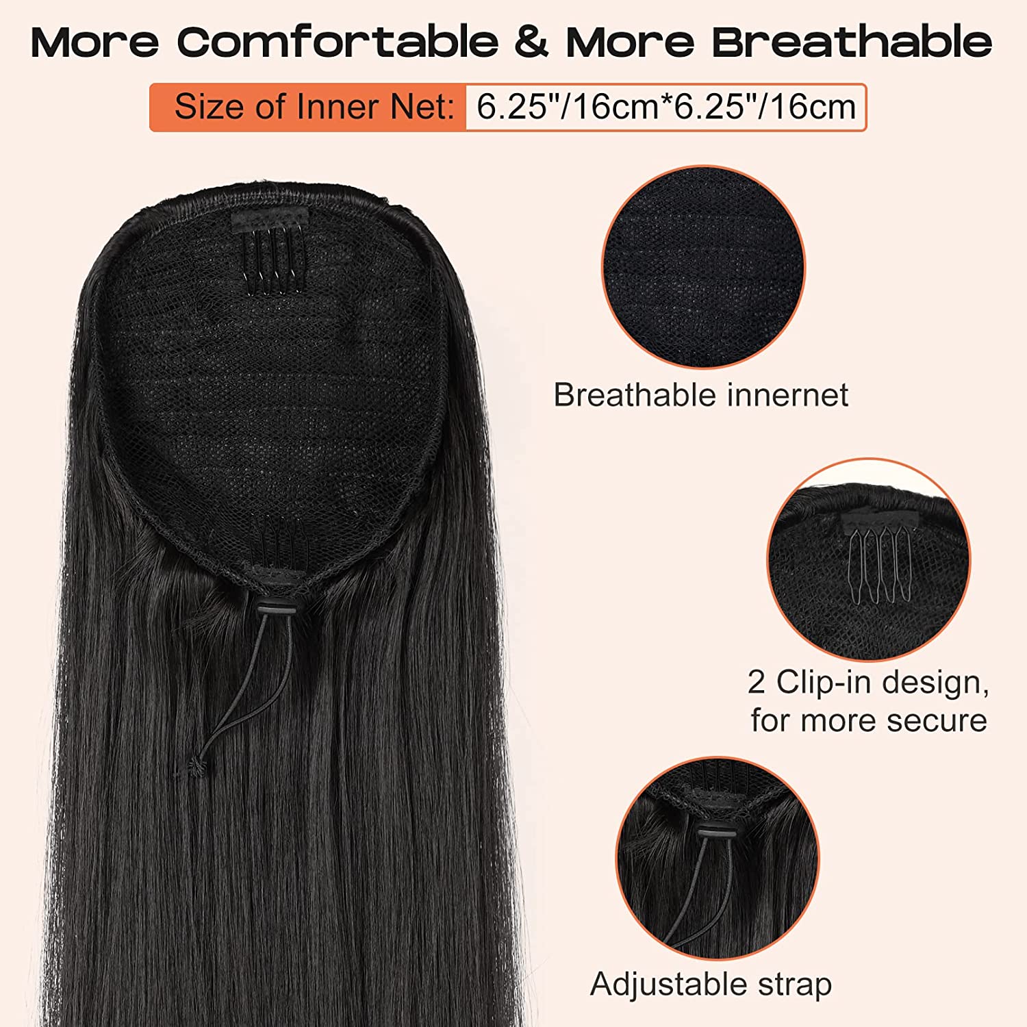 Coada de Par Dreapta cu snur Negru, 70 cm - Extensii de par București