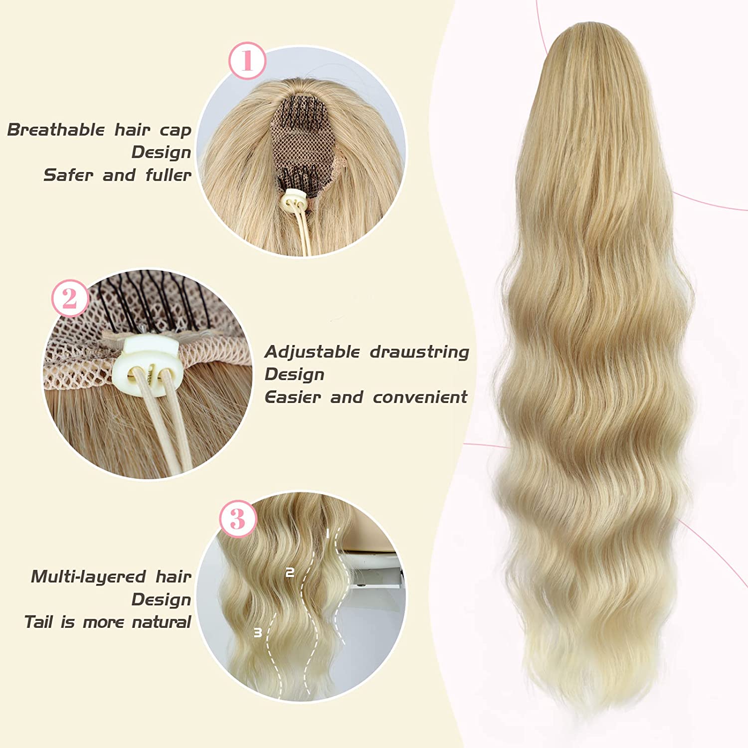 Coada de Par cu snur Ombre Saten Aramiu/ Blond natural, 70 cm - Extensii de par București