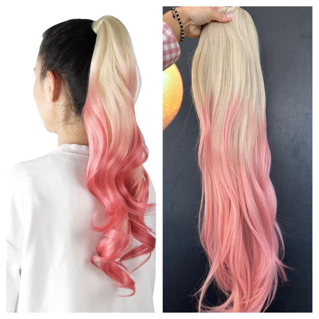 Coada de Par cu snur Ombre Blond Deschis/ Roz. 70 cm - Extensii de par București