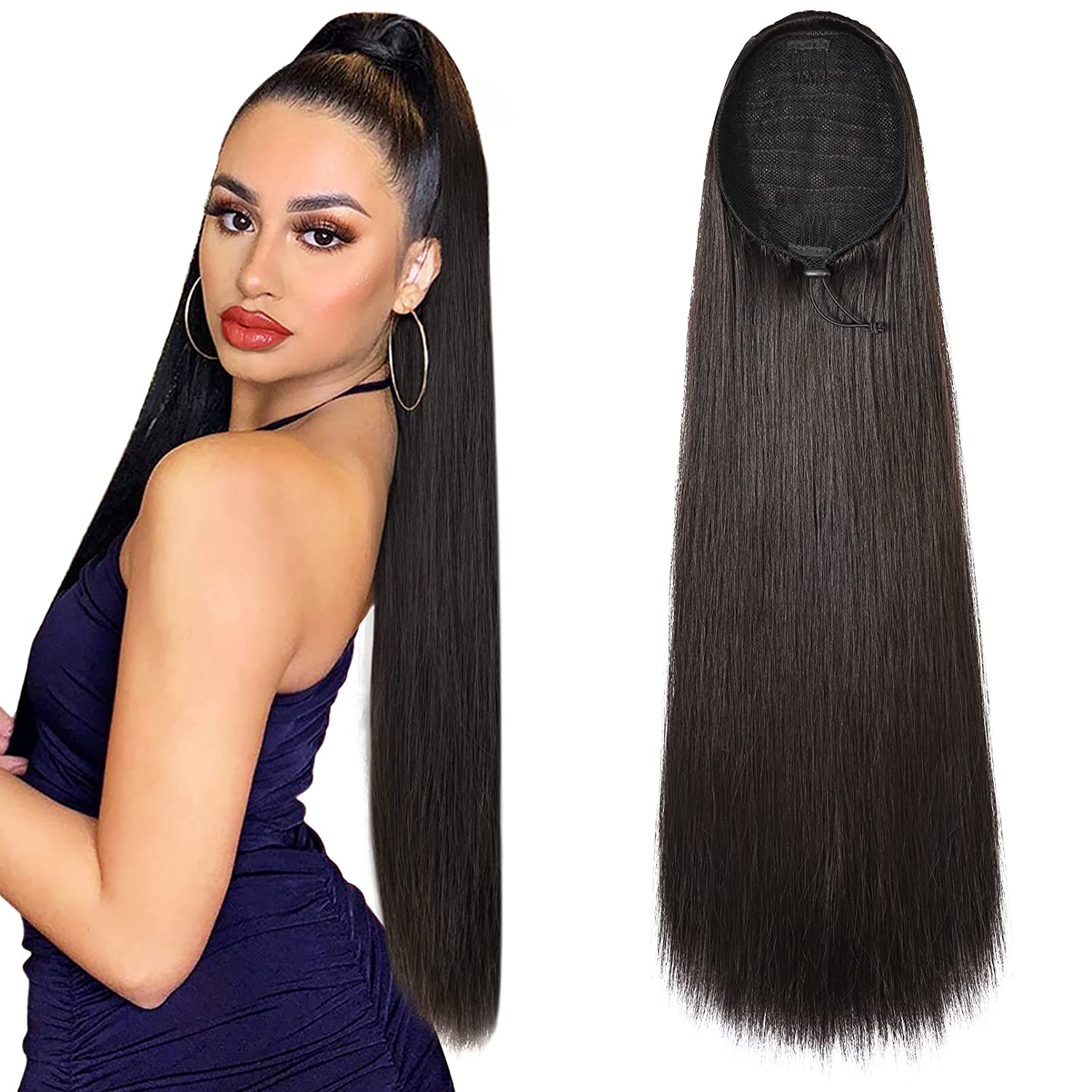 Coada de Par Dreapta cu snur Negru, 70 cm