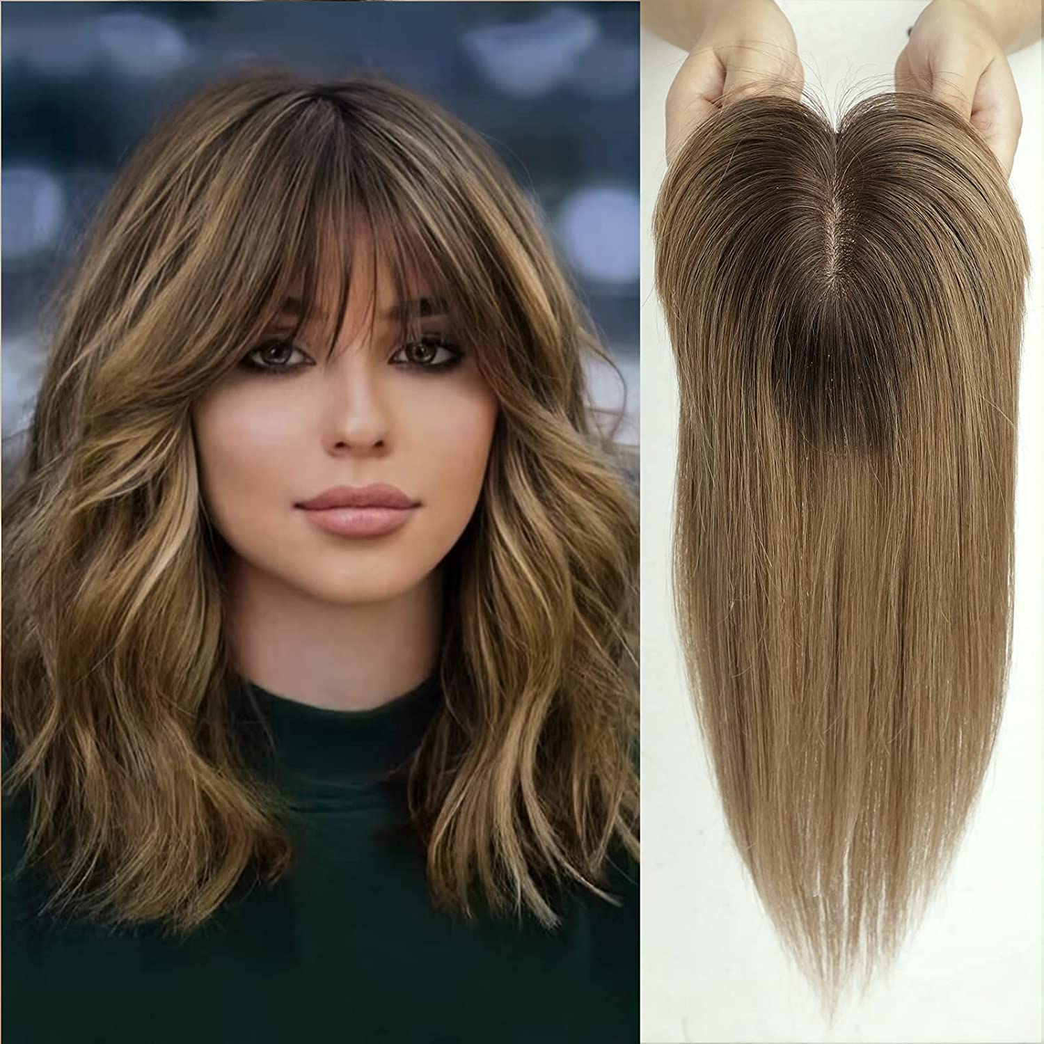 Peruca partiala cu breton Ombre #3/#8 ( saten inchis/ blond aluna)