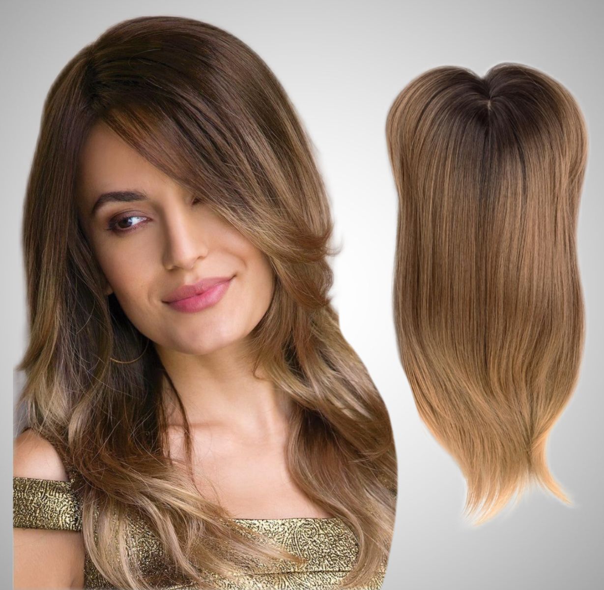 Peruca partiala cu breton Ombre Saten Inchis/ Blond natural inchis